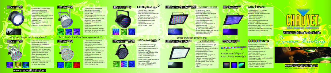 Chauvet 64, 56 manual LEDrain, LEDsplash Jr, LED Techno Strobe RGB, LED Shadow, DJ Lighting Pocket Guide, LEDsplash 200B 