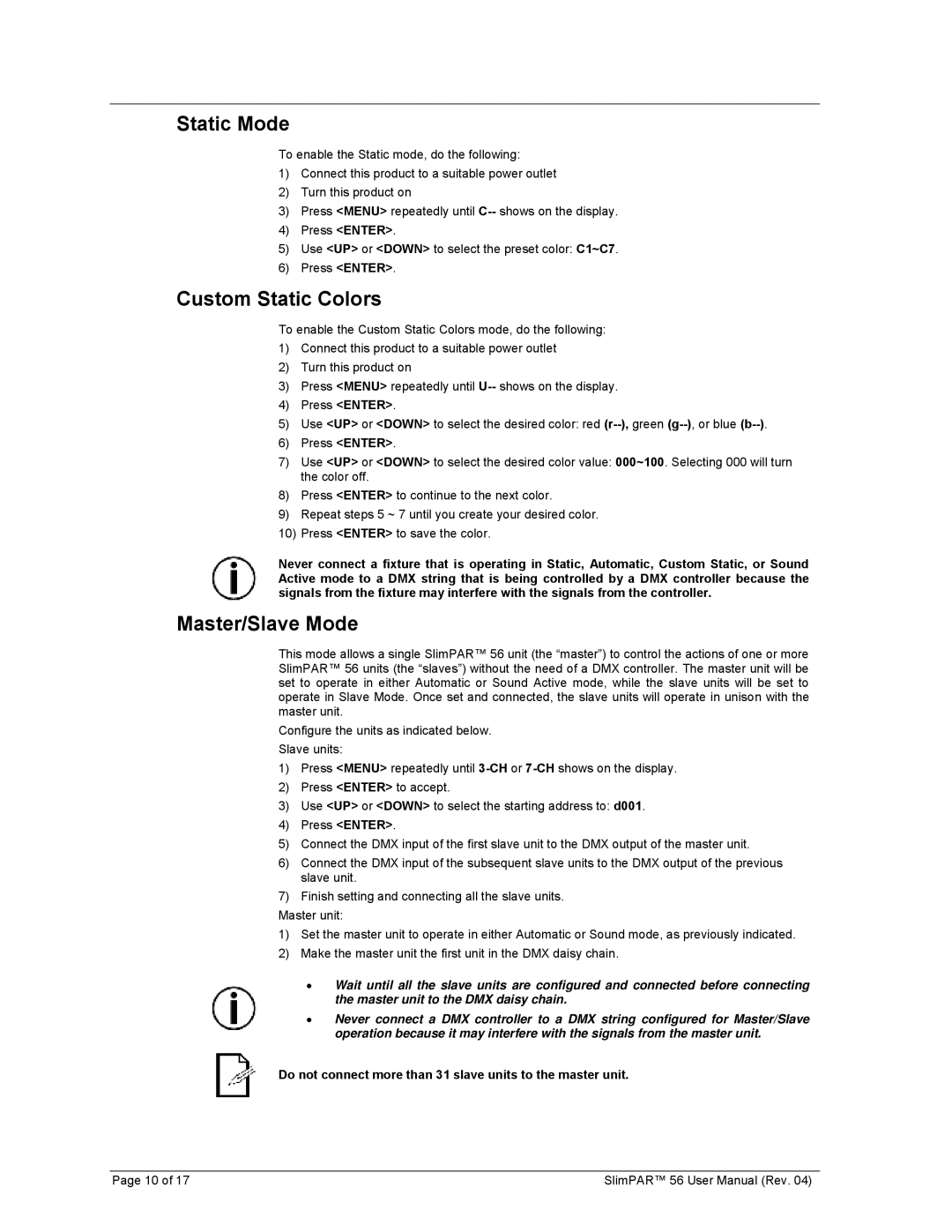 Chauvet 56 user manual Static Mode, Custom Static Colors, Master/Slave Mode 