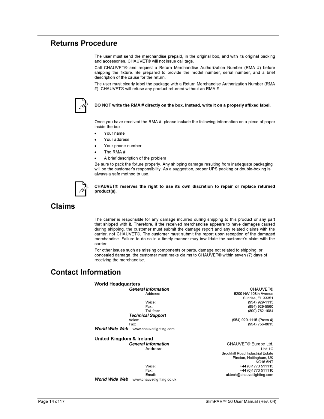 Chauvet 56 user manual Returns Procedure, Claims, Contact Information 