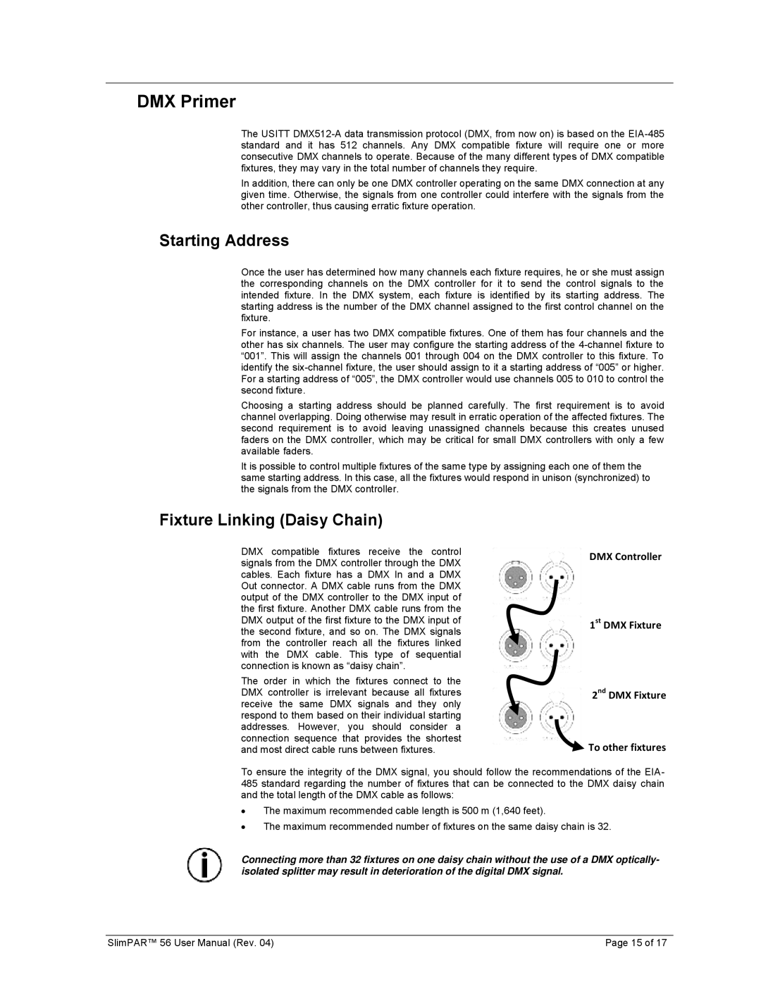 Chauvet 56 user manual DMX Primer, Fixture Linking Daisy Chain 