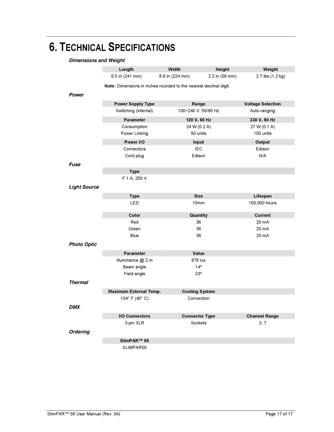 Chauvet 56 user manual Technical Specifications 