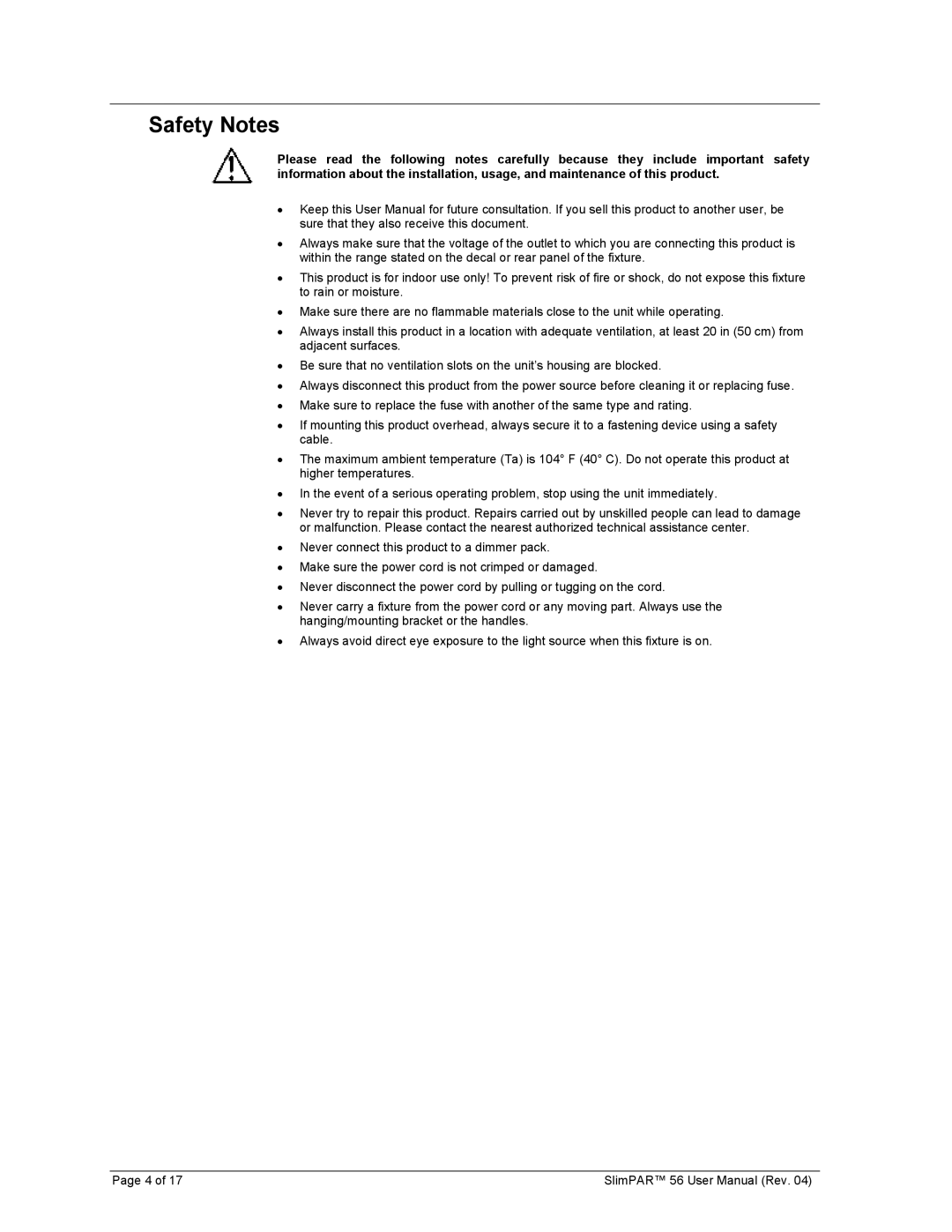 Chauvet 56 user manual Safety Notes 