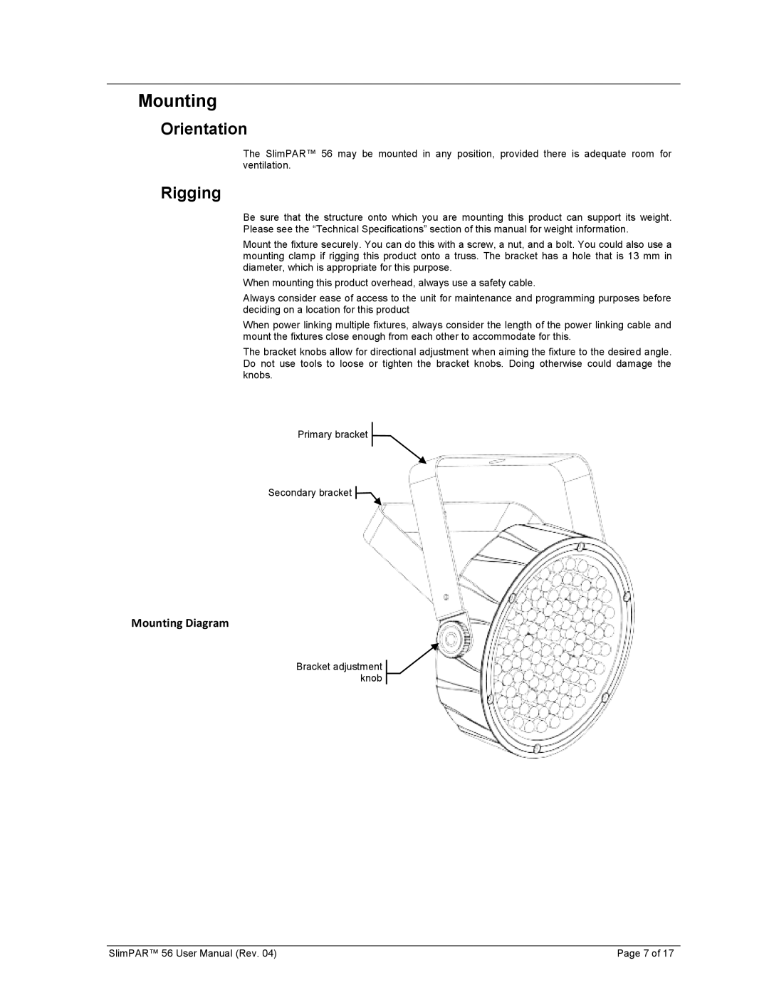 Chauvet 56 user manual Mounting, Orientation, Rigging 