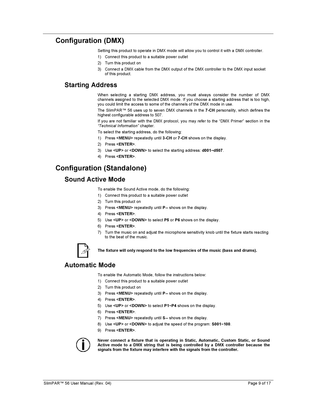 Chauvet 56 user manual Configuration DMX, Configuration Standalone, Starting Address, Sound Active Mode, Automatic Mode 