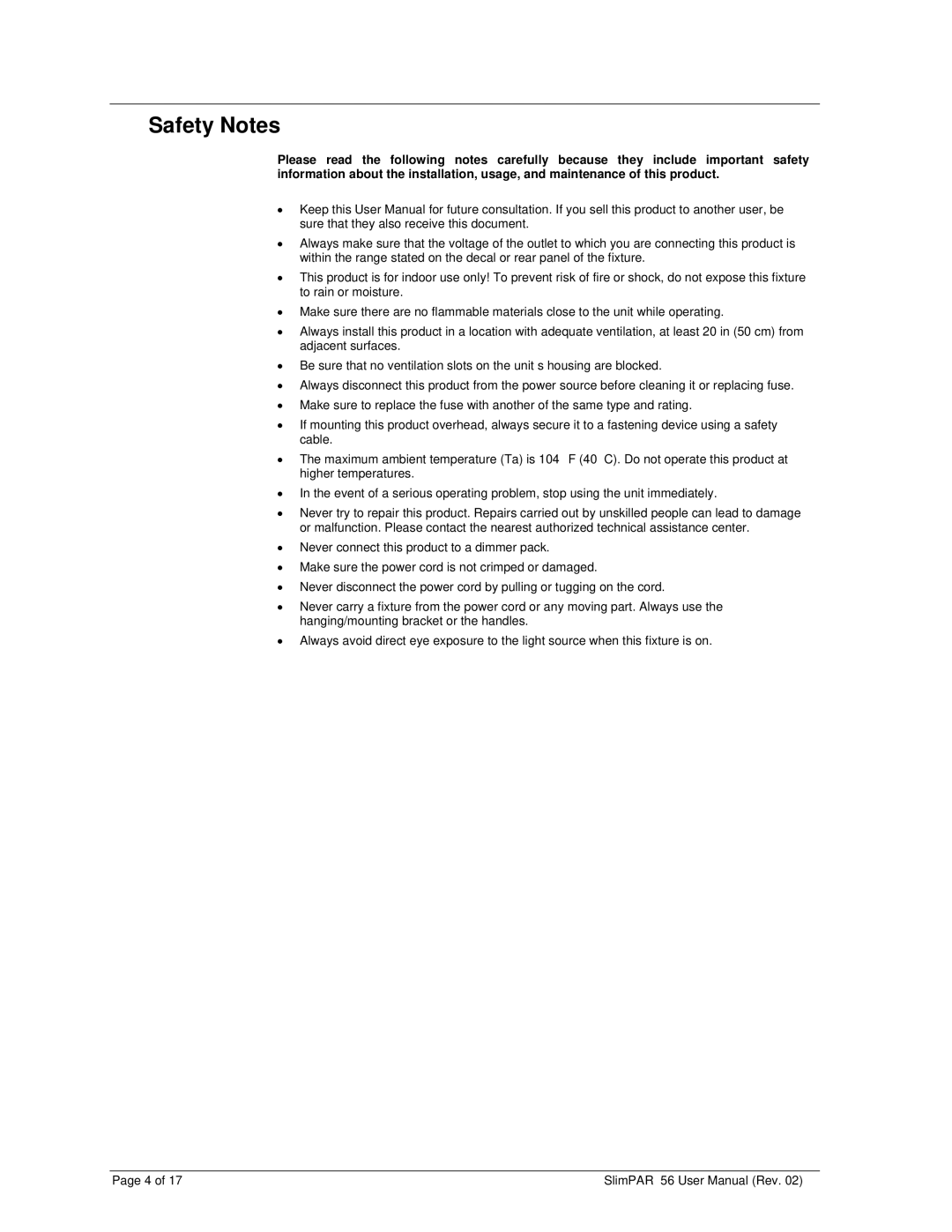 Chauvet 56 user manual Safety Notes 