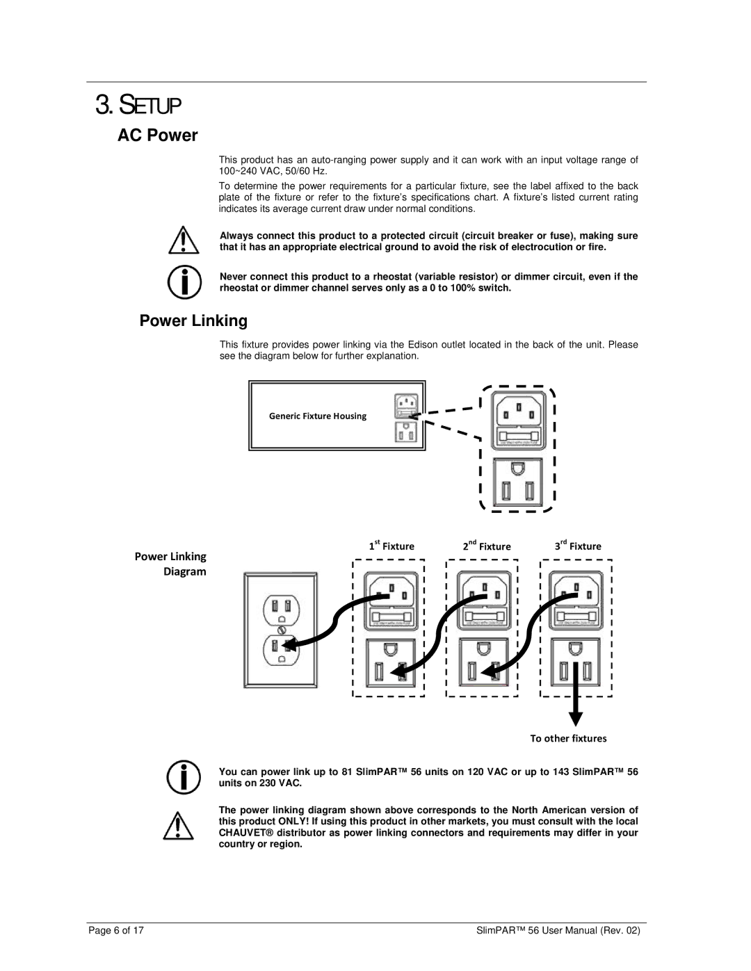 Chauvet 56 user manual Setup, AC Power, Power Linking 