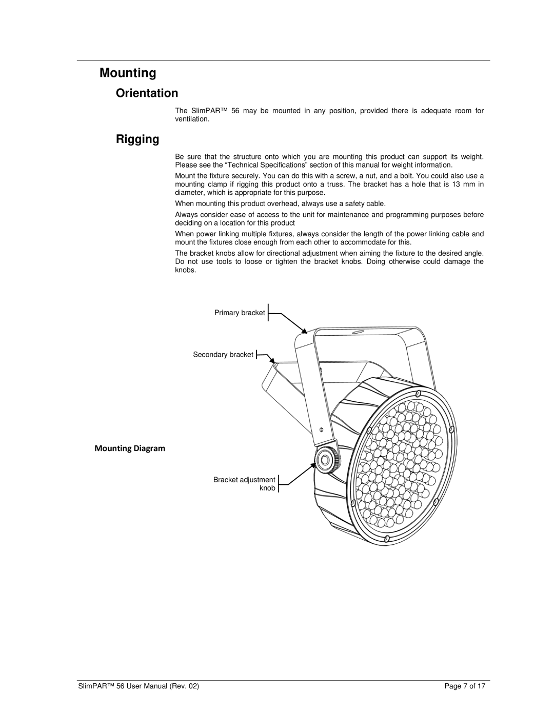 Chauvet 56 user manual Mounting, Orientation, Rigging 