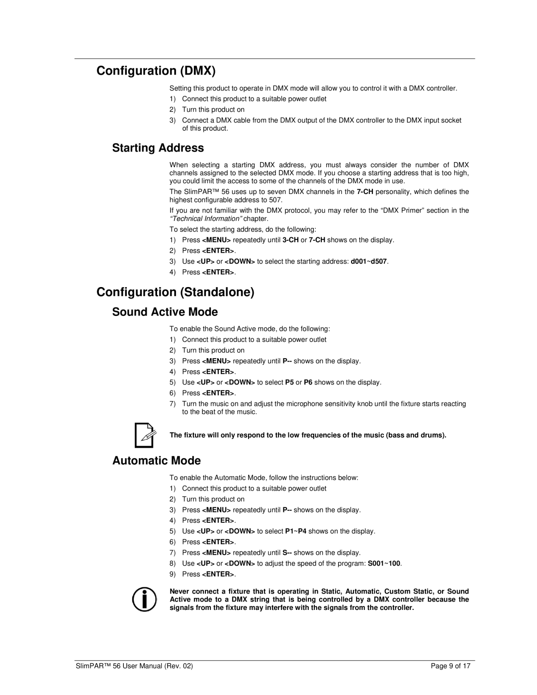 Chauvet 56 user manual Configuration DMX, Configuration Standalone, Starting Address, Sound Active Mode, Automatic Mode 