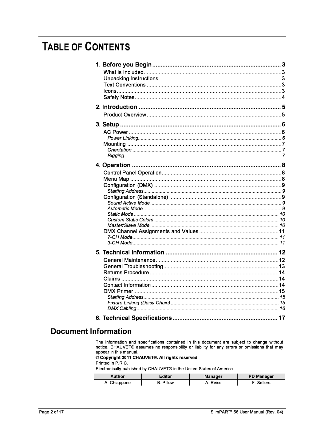 Chauvet 56 user manual Table Of Contents, Document Information 