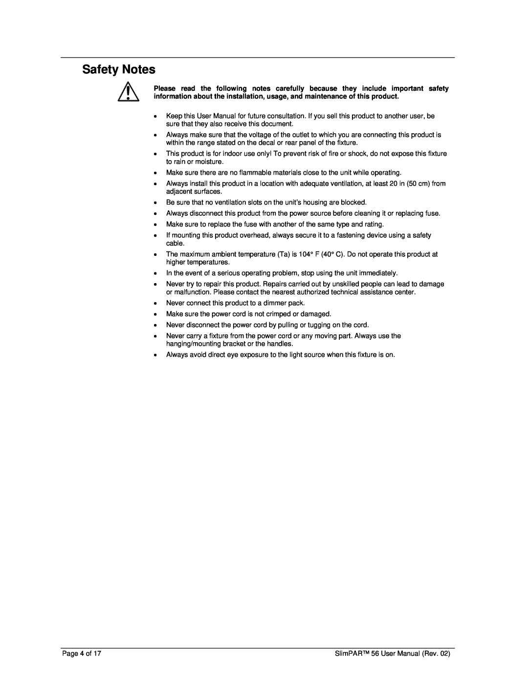 Chauvet 56 user manual Safety Notes 