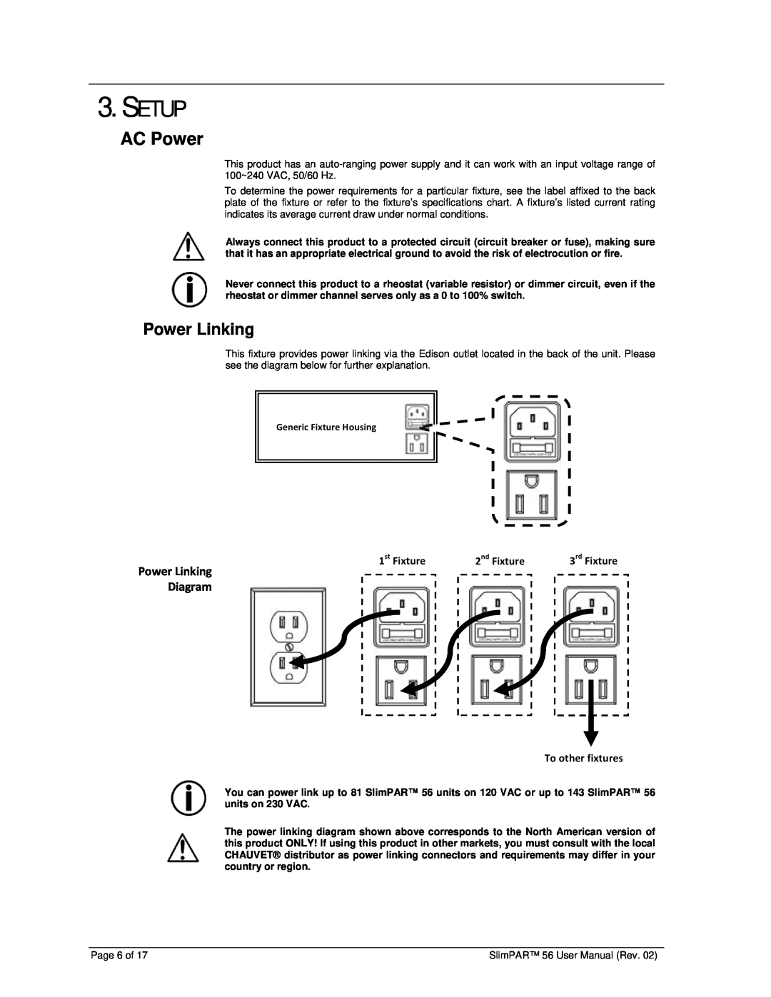 Chauvet 56 user manual Setup, AC Power, Power Linking, Diagram, st Fixture, nd Fixture, r d Fixture, To other fixtures 