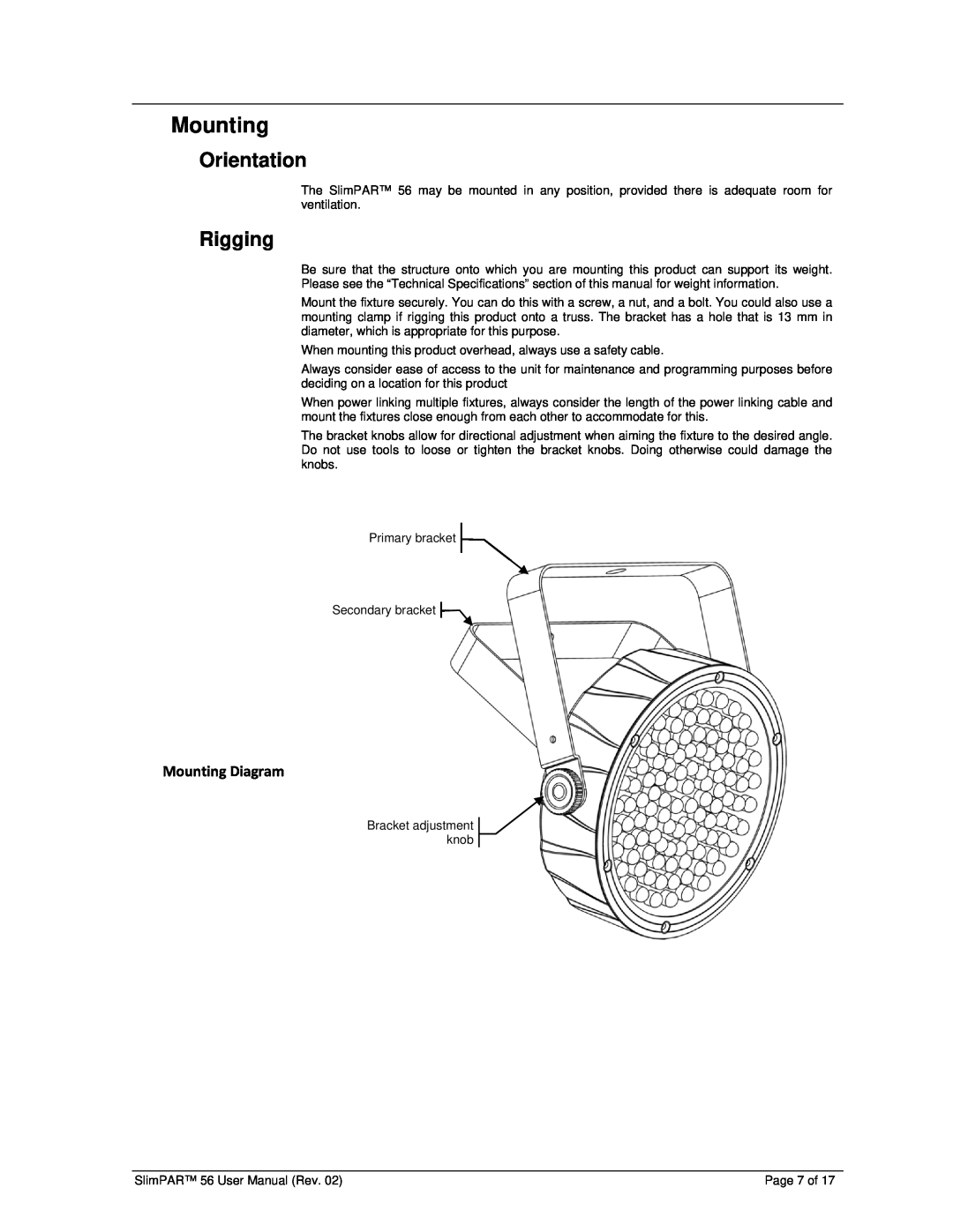 Chauvet 56 user manual Orientation, Rigging, Mounting Diagram 