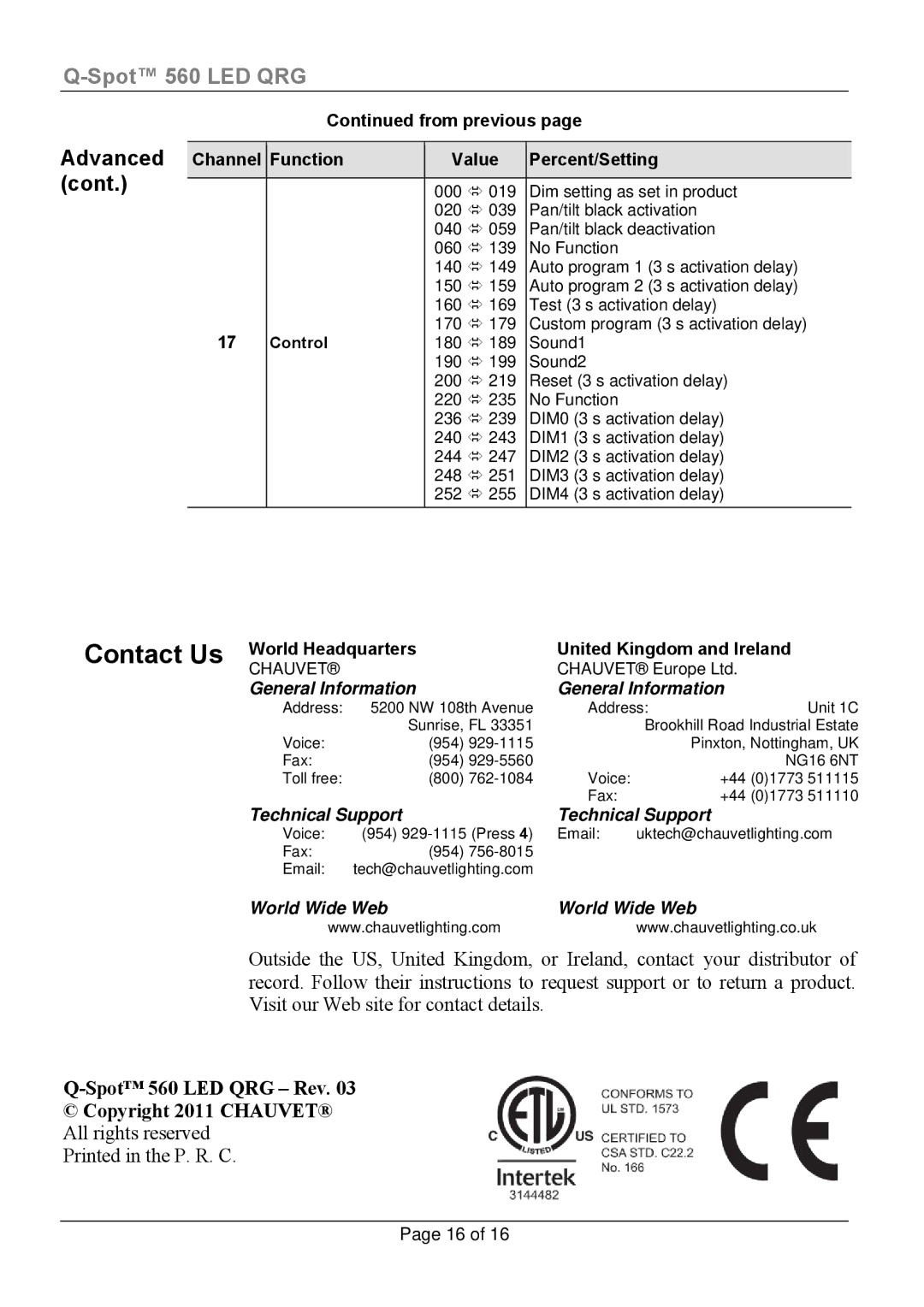 Chauvet 560-LED manual Contact Us, General Information 