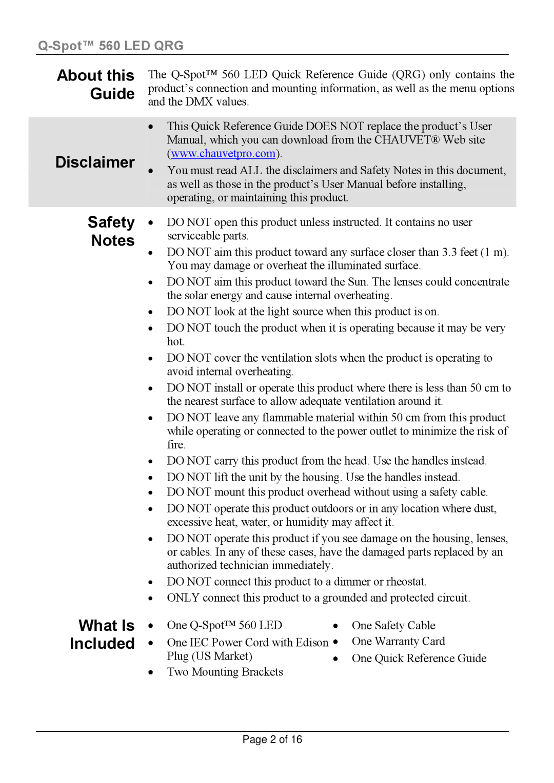 Chauvet 560-LED manual About this Guide Disclaimer, Safety What Is Included 