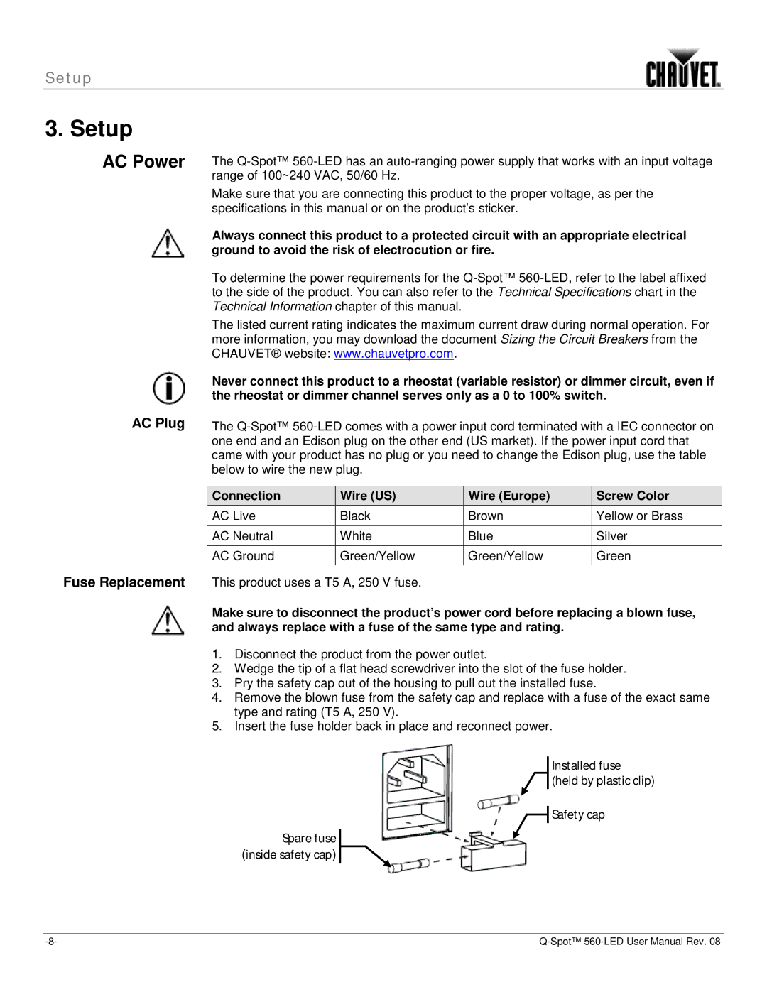 Chauvet 560 user manual Setup, AC Power, AC Plug Fuse Replacement, Connection Wire US Wire Europe Screw Color 