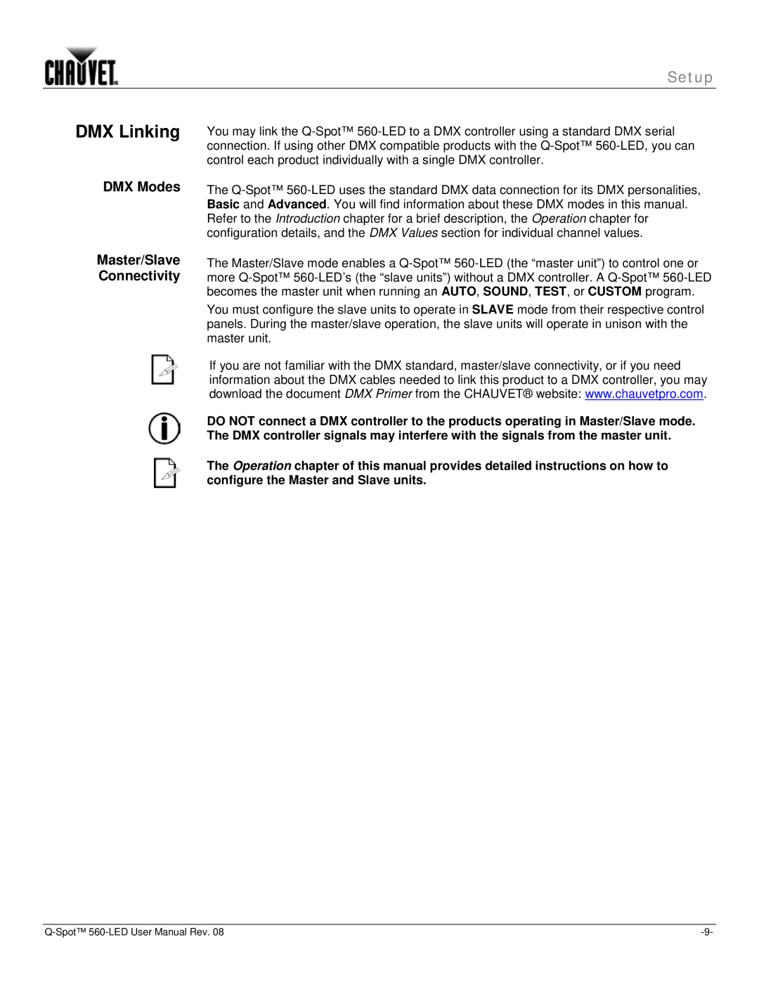 Chauvet 560 user manual DMX Linking, DMX Modes Master/Slave Connectivity 