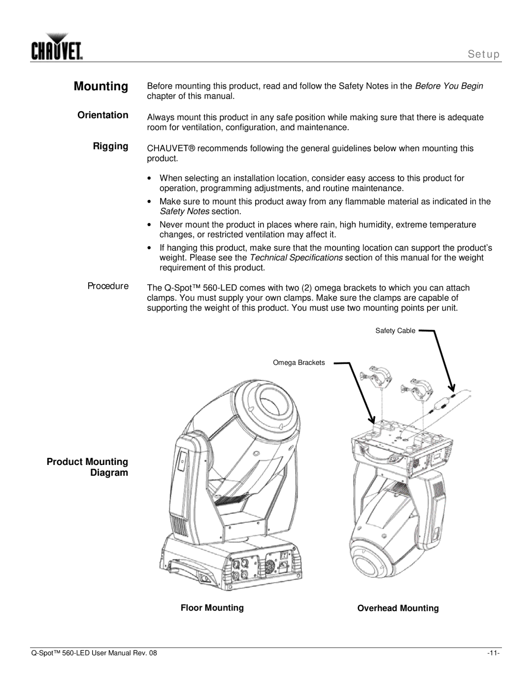 Chauvet 560 user manual Orientation, Product Mounting Diagram, Floor Mounting Overhead Mounting 