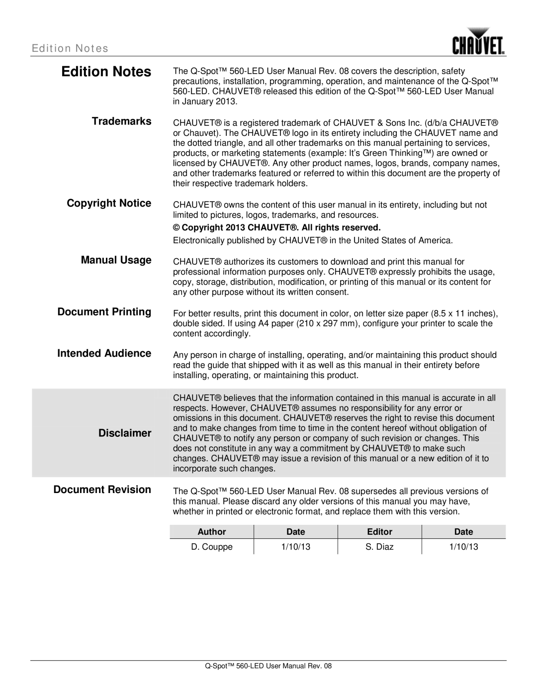 Chauvet 560 user manual Copyright 2013 CHAUVET. All rights reserved, Author Date Editor 