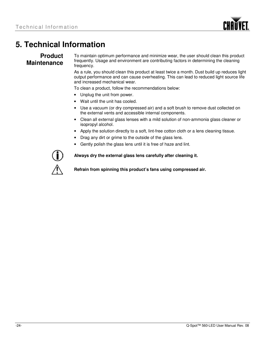 Chauvet 560 user manual Technical Information, Product Maintenance 