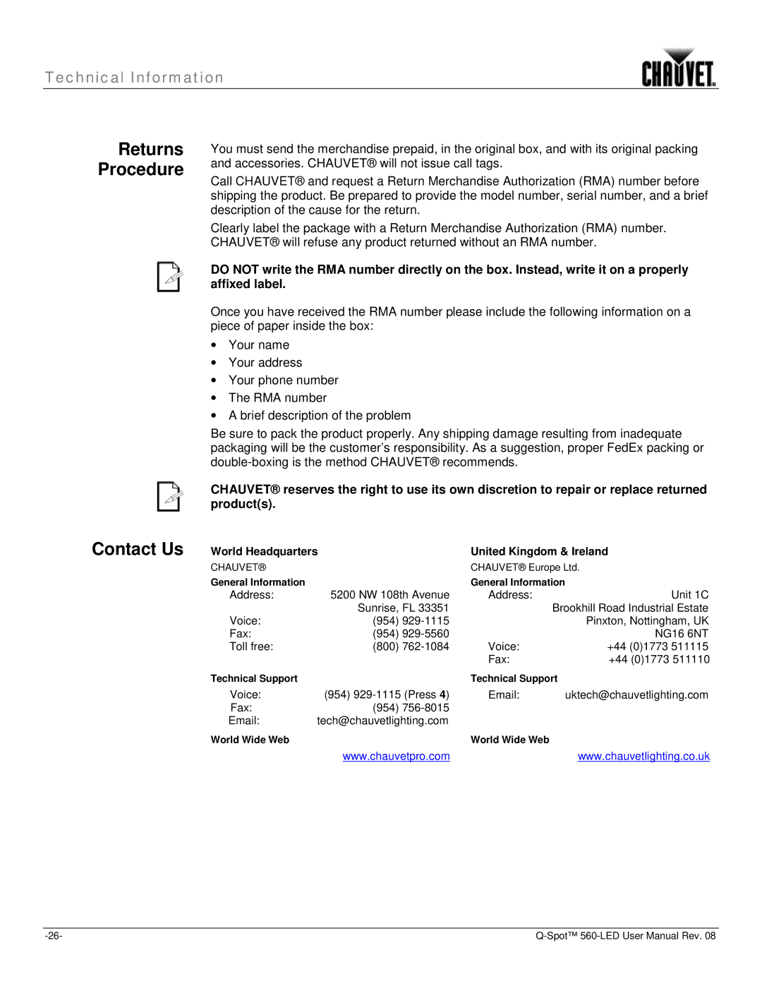 Chauvet 560 user manual Returns Procedure, Contact Us, World Headquarters United Kingdom & Ireland 