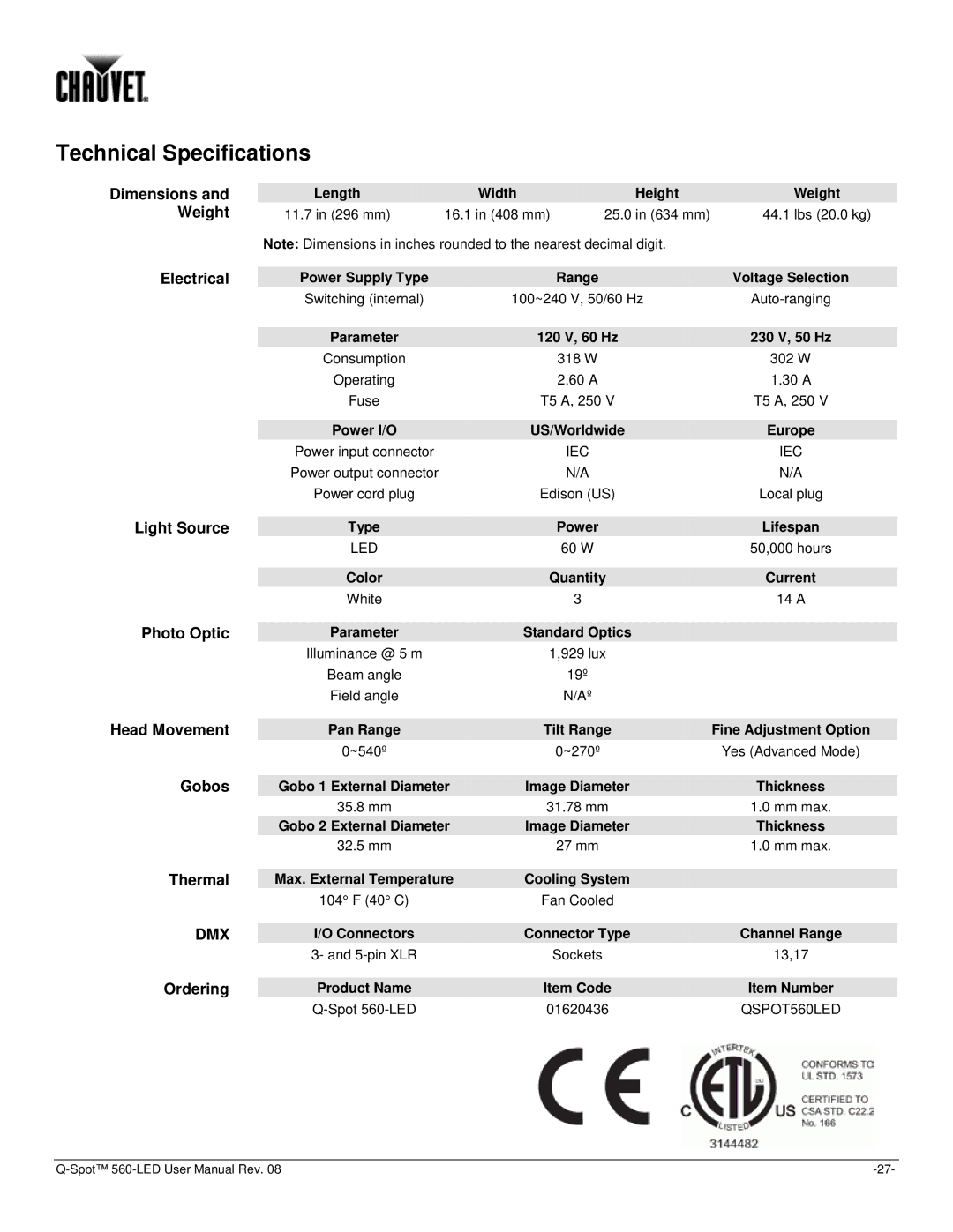 Chauvet 560 user manual Technical Specifications 