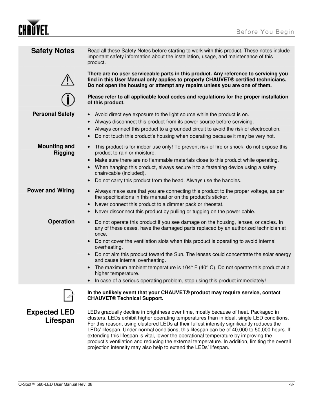 Chauvet 560 user manual Safety Notes, Expected LED Lifespan, Personal Safety Mounting Rigging Power and Wiring Operation 