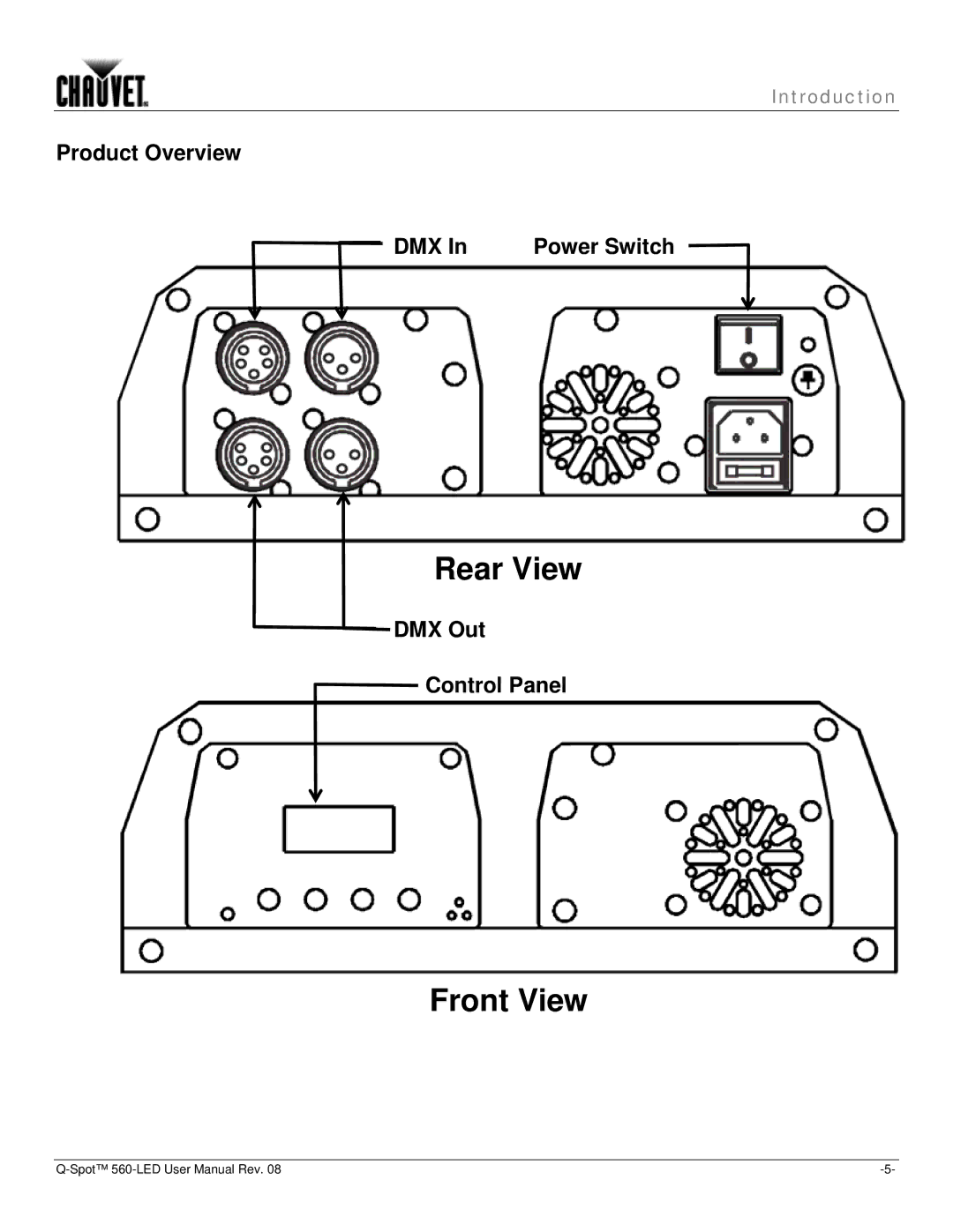 Chauvet 560 user manual Product Overview DMX, DMX Out Control Panel 