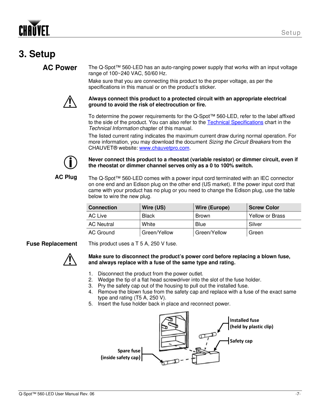 Chauvet 560 user manual Setup, AC Power, AC Plug Fuse Replacement, Connection Wire US Wire Europe Screw Color 