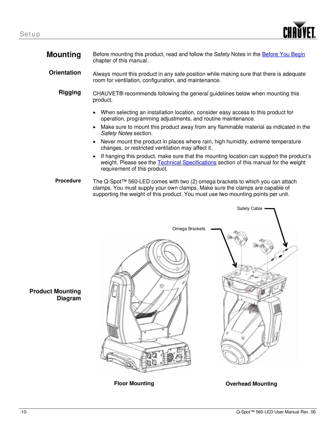 Chauvet 560 user manual Orientation, Rigging, Product Mounting Diagram, Floor Mounting Overhead Mounting 