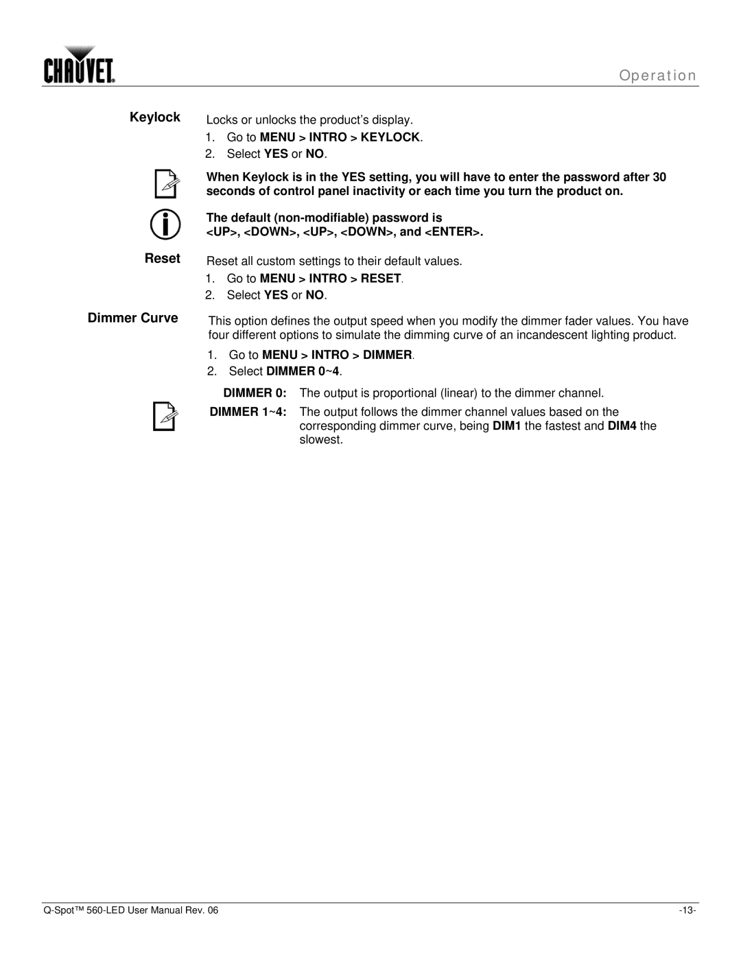 Chauvet 560 user manual Keylock Reset Dimmer Curve, Go to Menu Intro Keylock, Go to Menu Intro Reset 