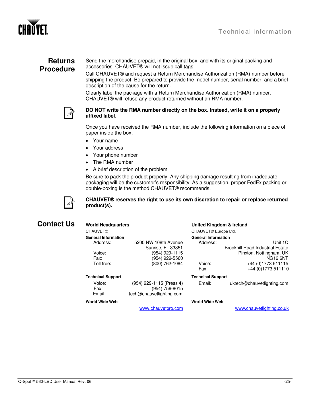 Chauvet 560 user manual Contact Us, Returns Procedure 