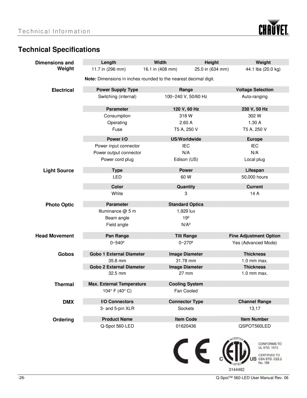 Chauvet 560 user manual Technical Specifications 