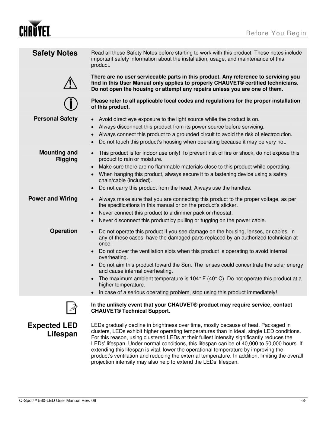 Chauvet 560 user manual Expected LED Lifespan 