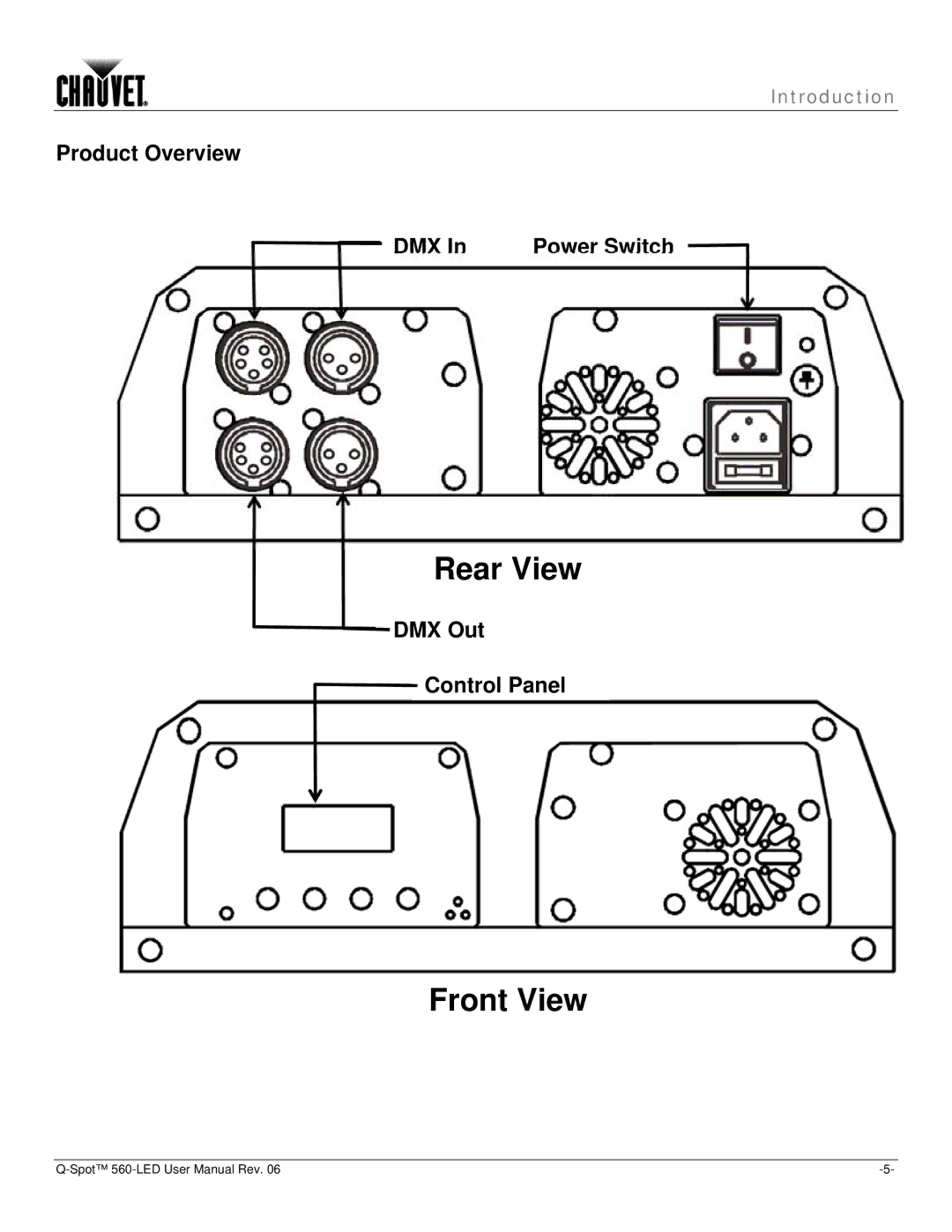 Chauvet 560 user manual Product Overview DMX Power Switch, DMX Out Control Panel 