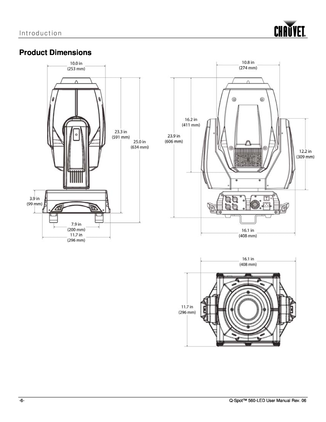 Chauvet 560 user manual Product Dimensions, Introduction 
