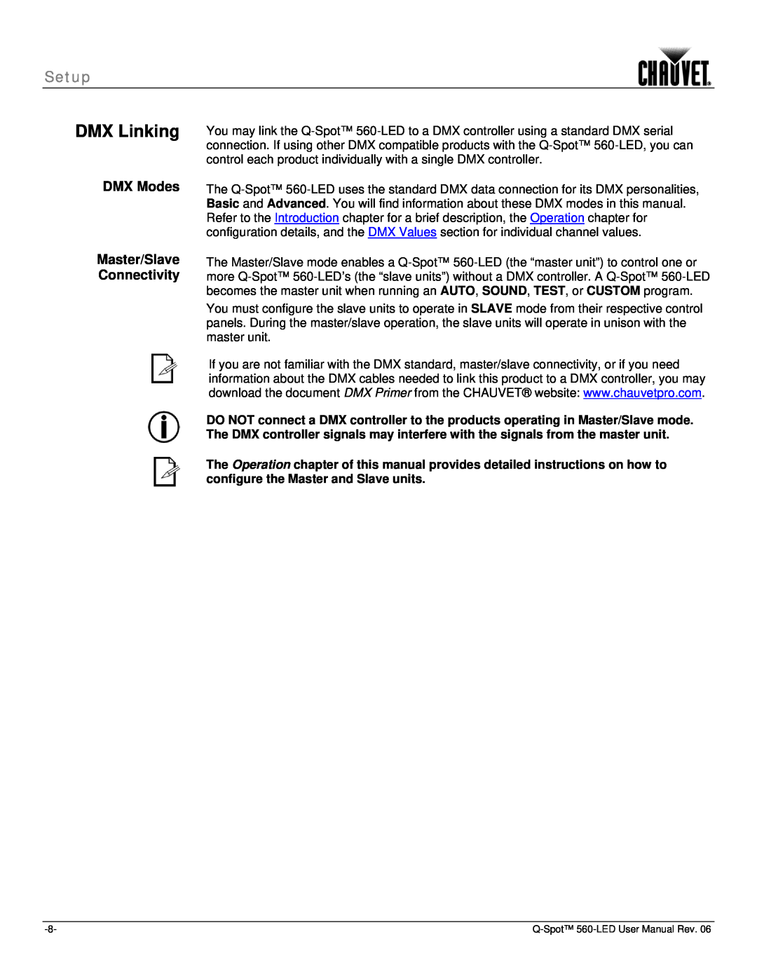 Chauvet 560 user manual DMX Linking, DMX Modes, Setup 