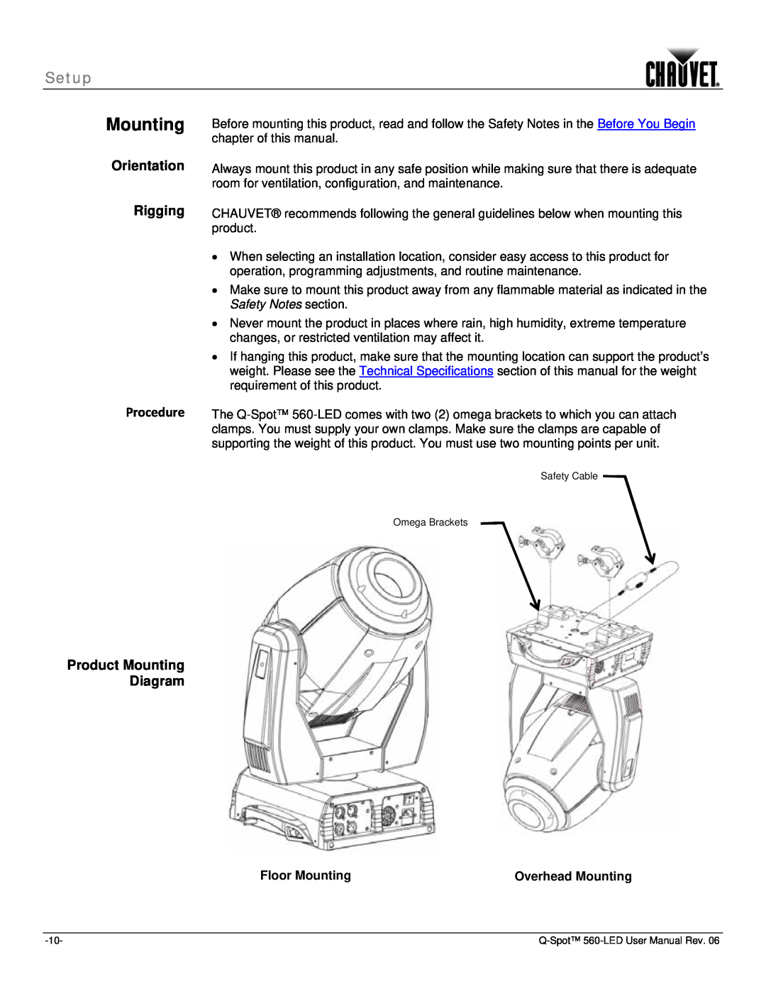 Chauvet 560 user manual Orientation, Rigging, Product Mounting Diagram, Setup, Procedure 
