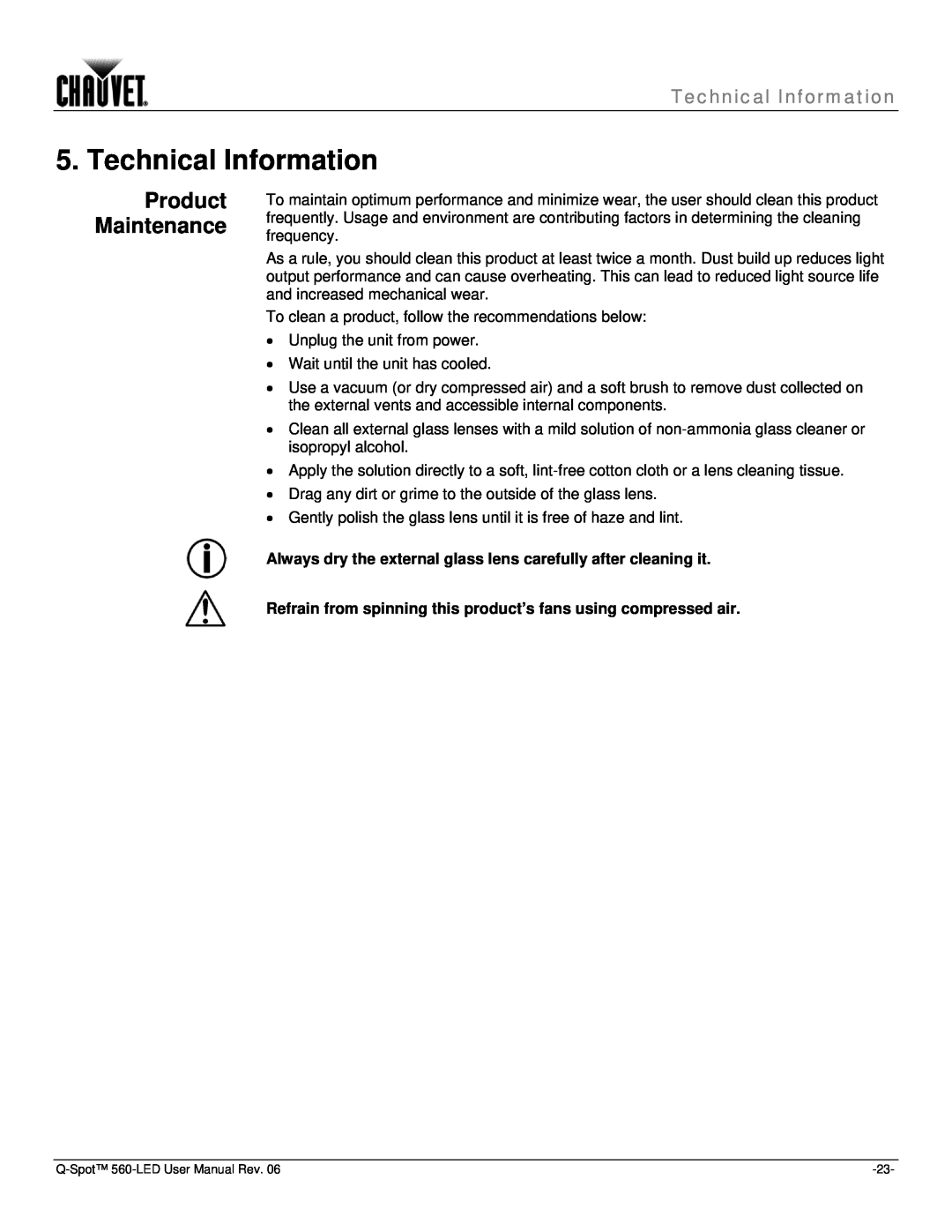 Chauvet 560 user manual Technical Information, Product Maintenance 