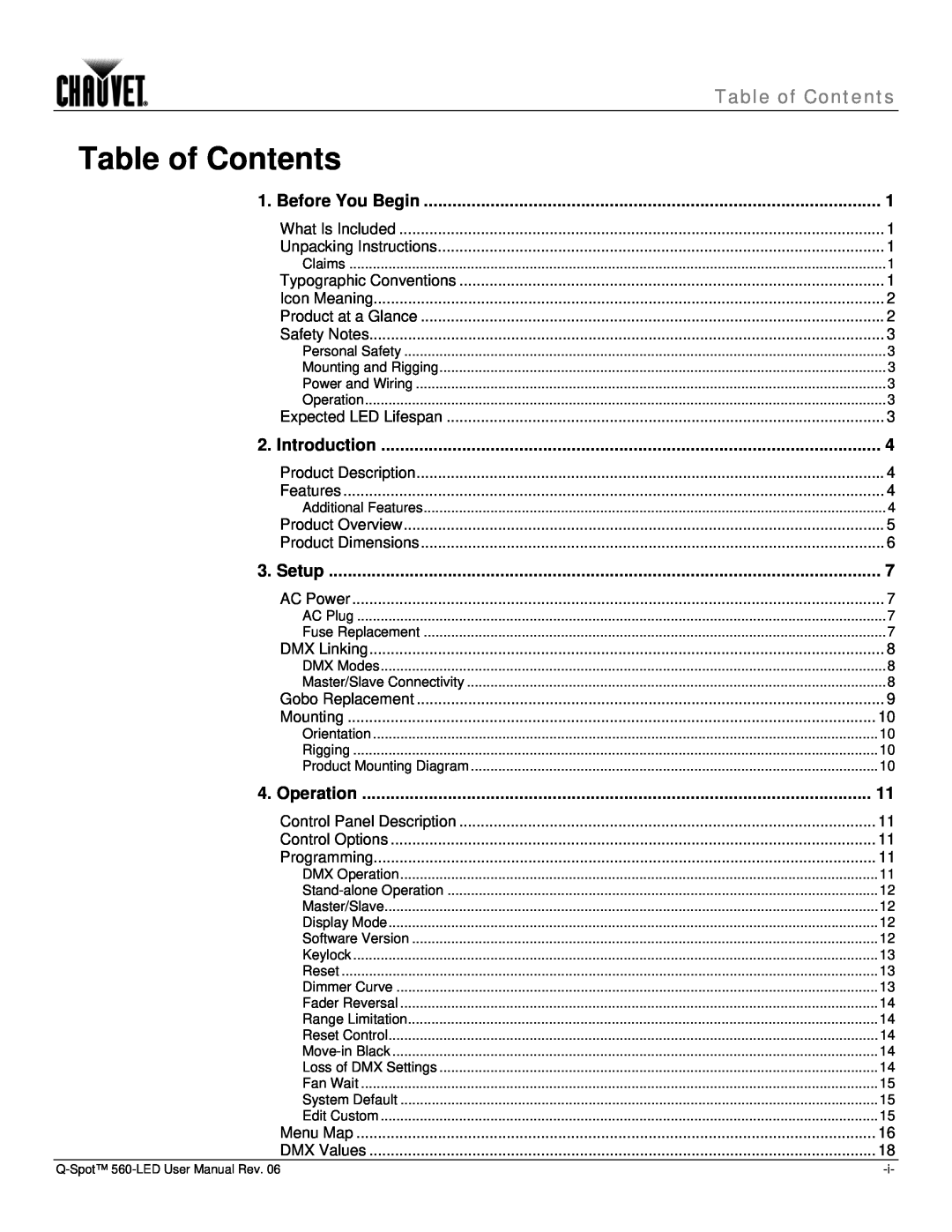 Chauvet 560 user manual Table of Contents, Before You Begin, Introduction, Setup 