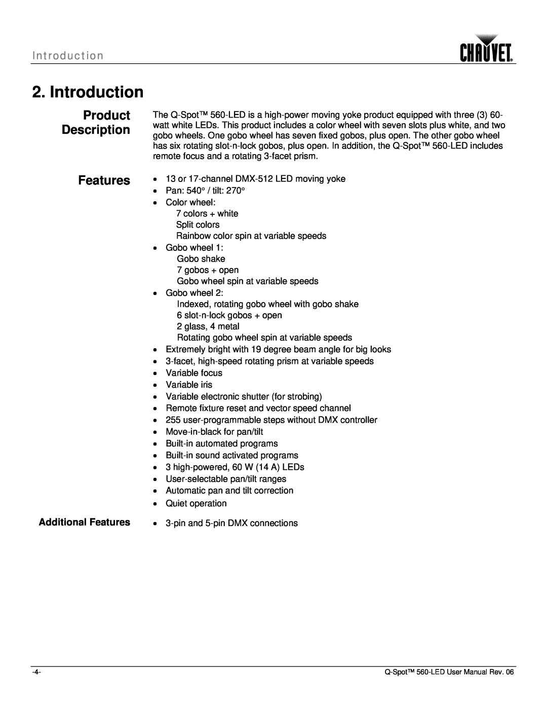 Chauvet 560 user manual Introduction, Product Description, Additional Features 