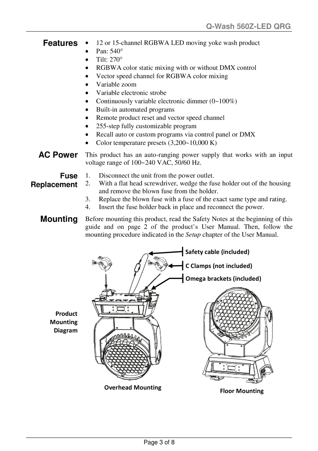 Chauvet 560Z-LED manual Features AC Power, Mounting 