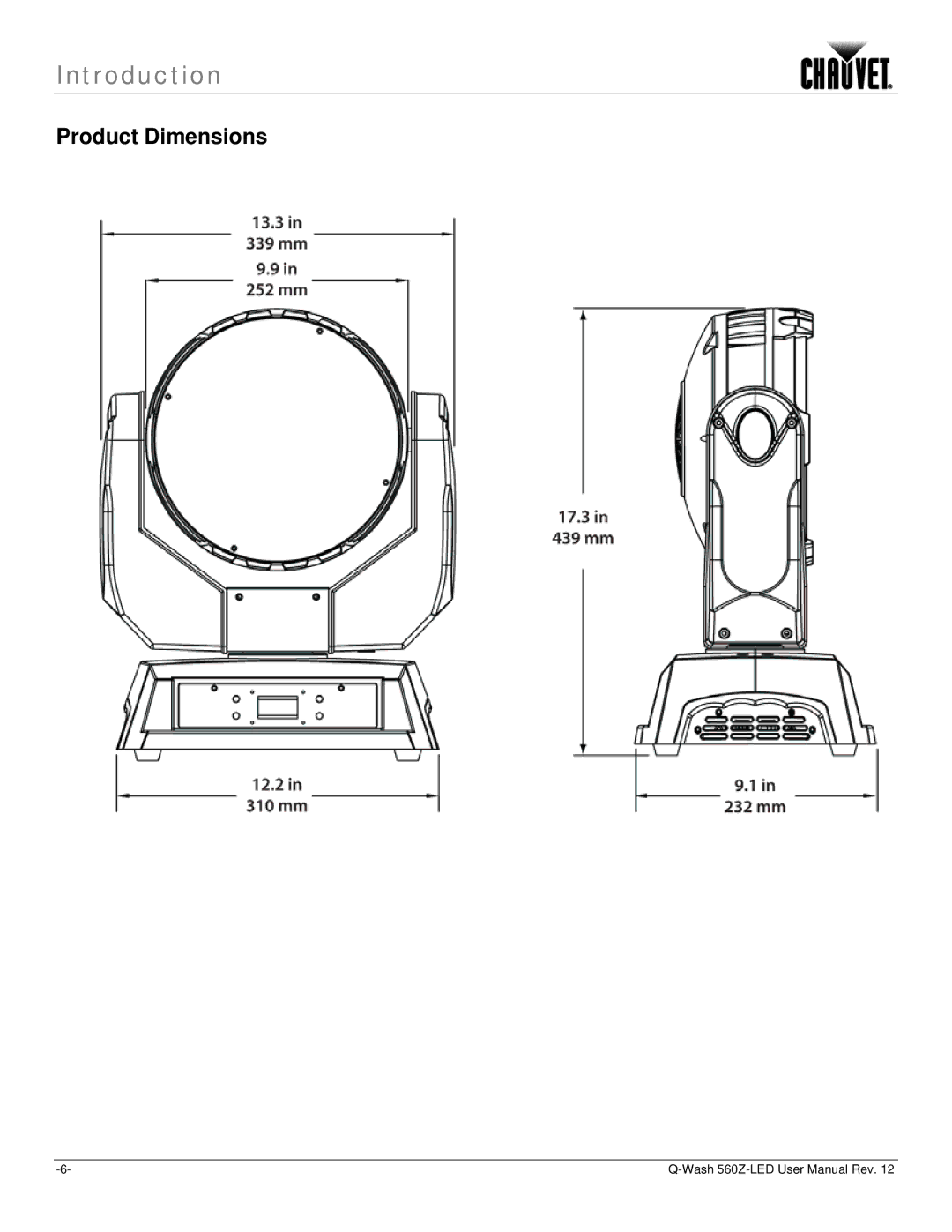 Chauvet 560Z-LED user manual Product Dimensions 