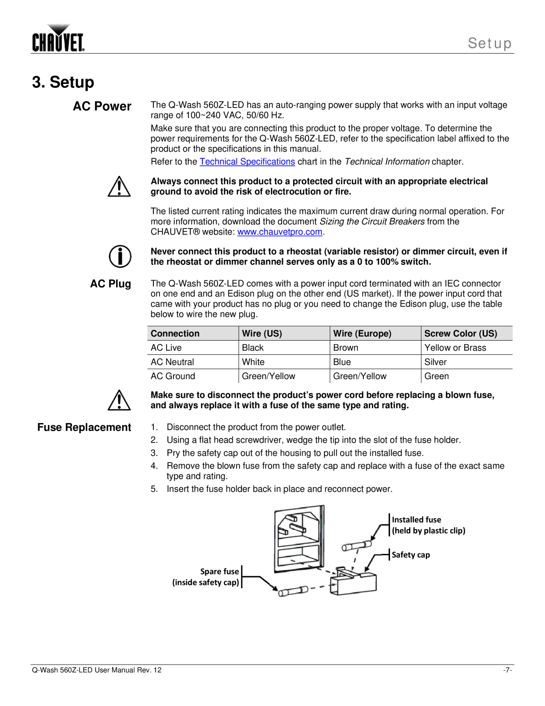 Chauvet 560Z-LED user manual Setup, AC Power, Connection Wire US Wire Europe Screw Color US 