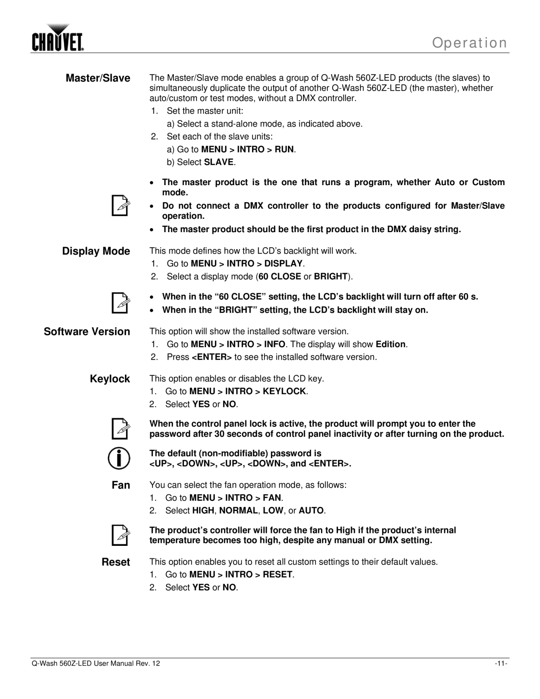 Chauvet 560Z-LED Go to Menu Intro Display, Go to Menu Intro Keylock, Go to Menu Intro FAN, Go to Menu Intro Reset 