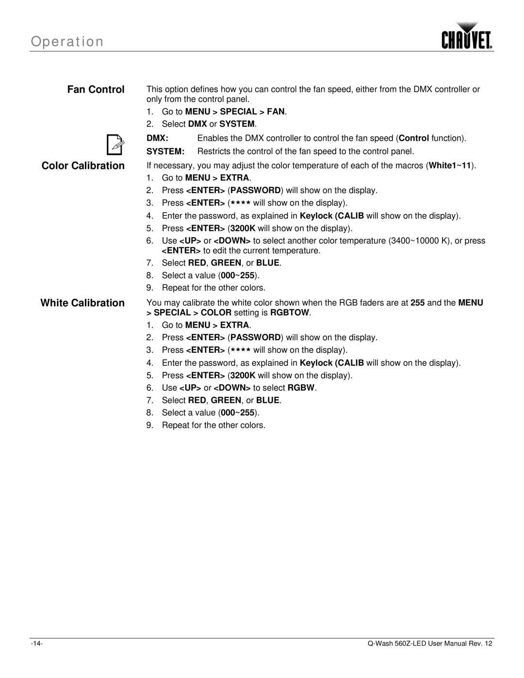 Chauvet 560Z-LED user manual Go to Menu Special FAN, Go to Menu Extra 