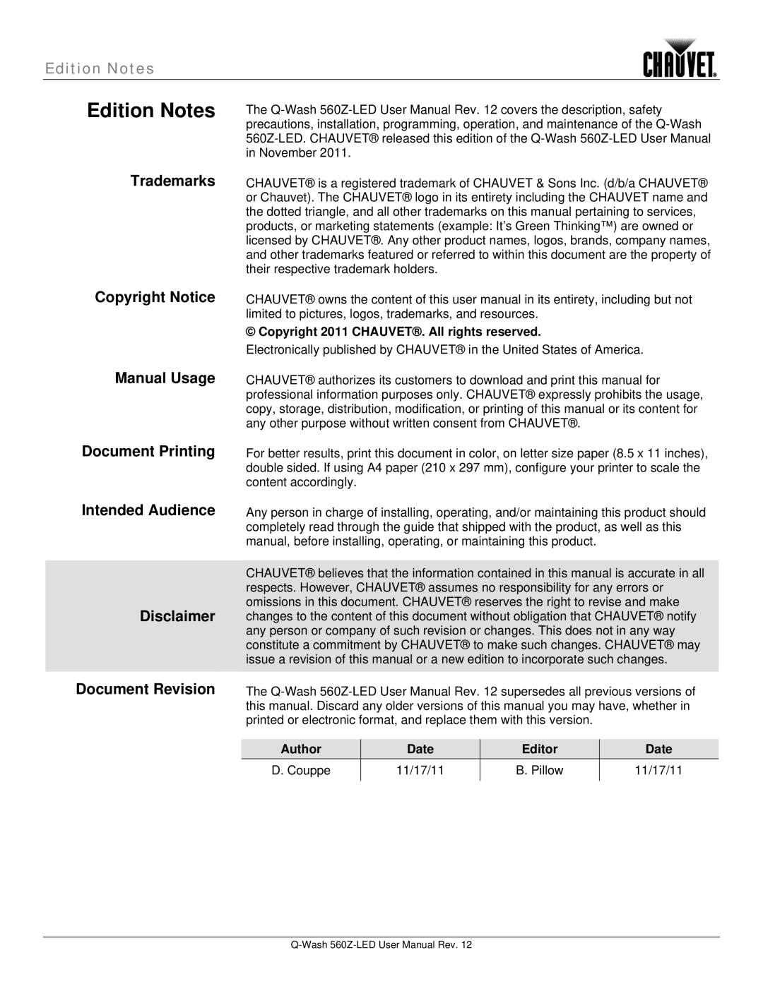 Chauvet 560Z-LED user manual Copyright 2011 CHAUVET. All rights reserved, Author Date Editor Couppe 11/17/11 Pillow 