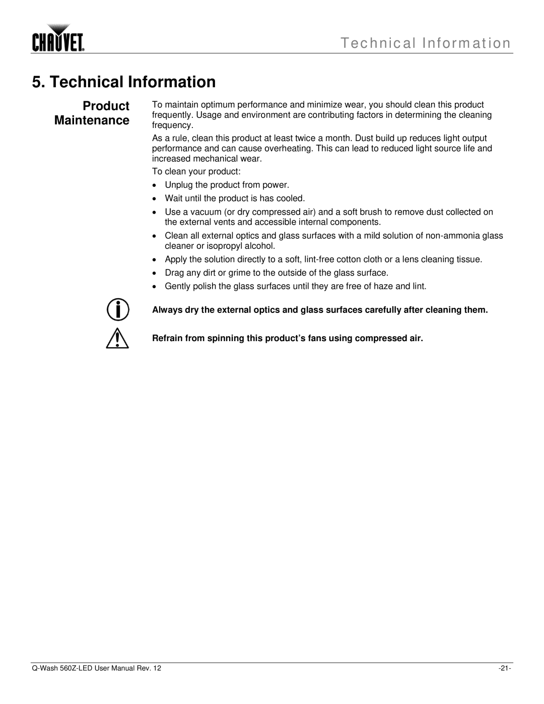 Chauvet 560Z-LED user manual Technical Information, Product Maintenance 