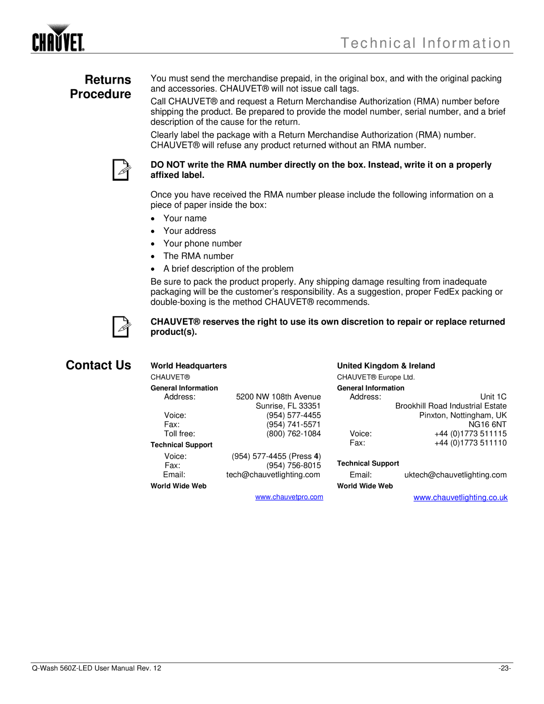 Chauvet 560Z-LED user manual Contact Us, Returns Procedure 