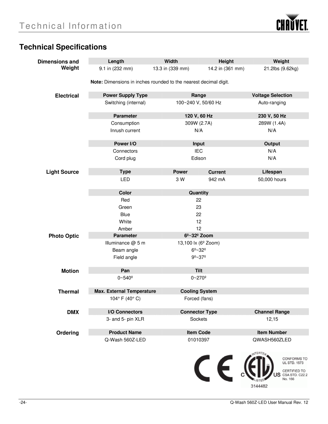 Chauvet 560Z-LED user manual Technical Specifications 