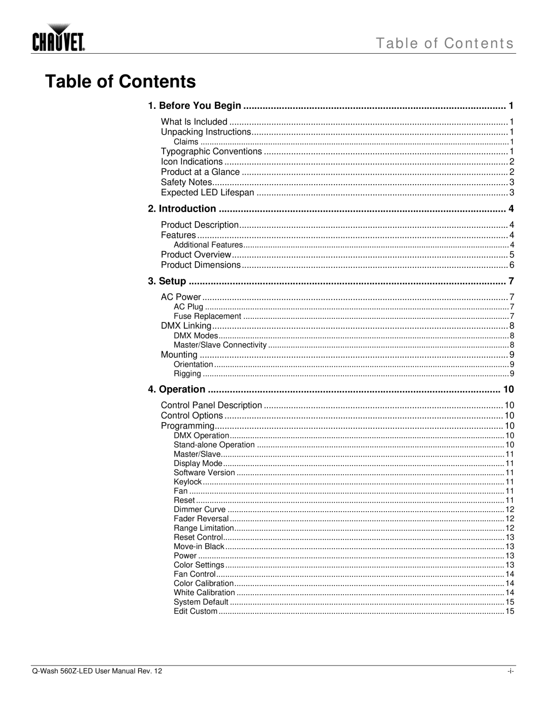 Chauvet 560Z-LED user manual Table of Contents 